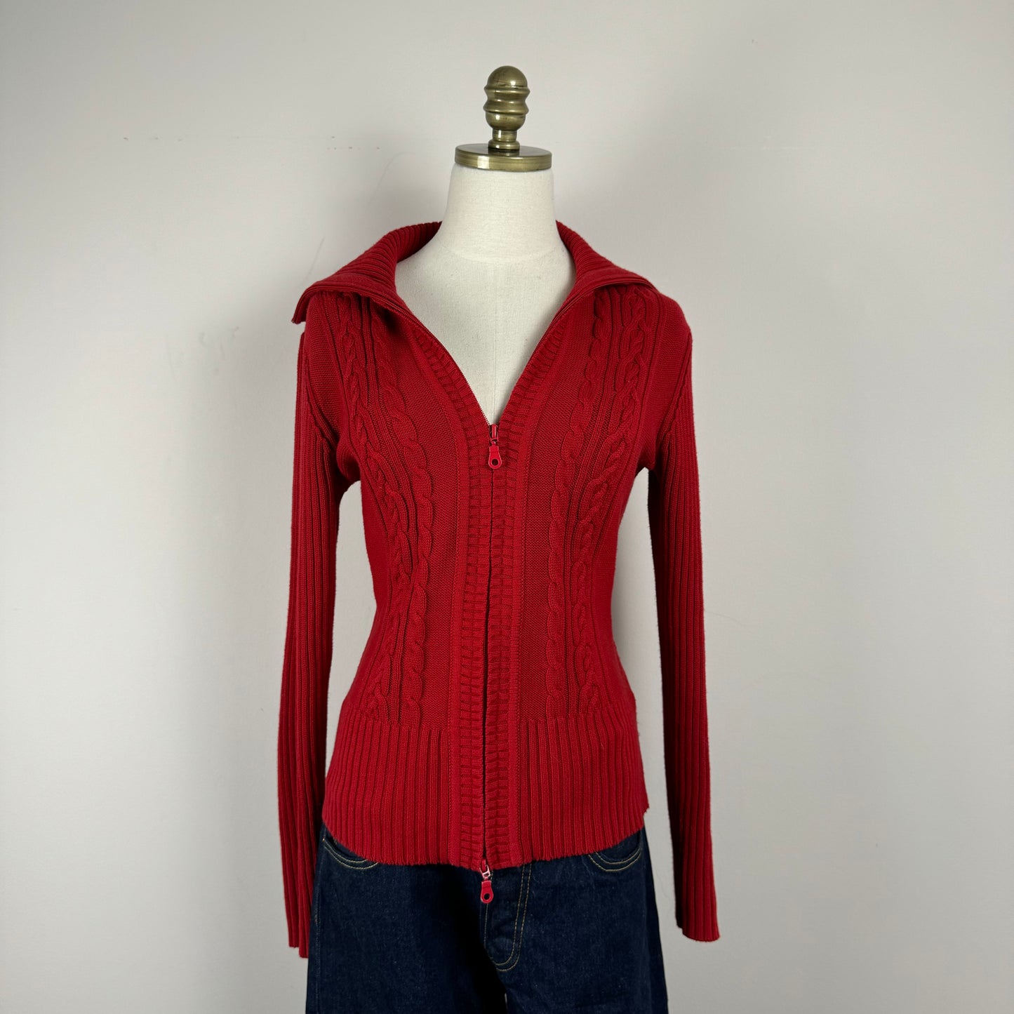 Vintage Red Double Zip Cable Knit Sweater