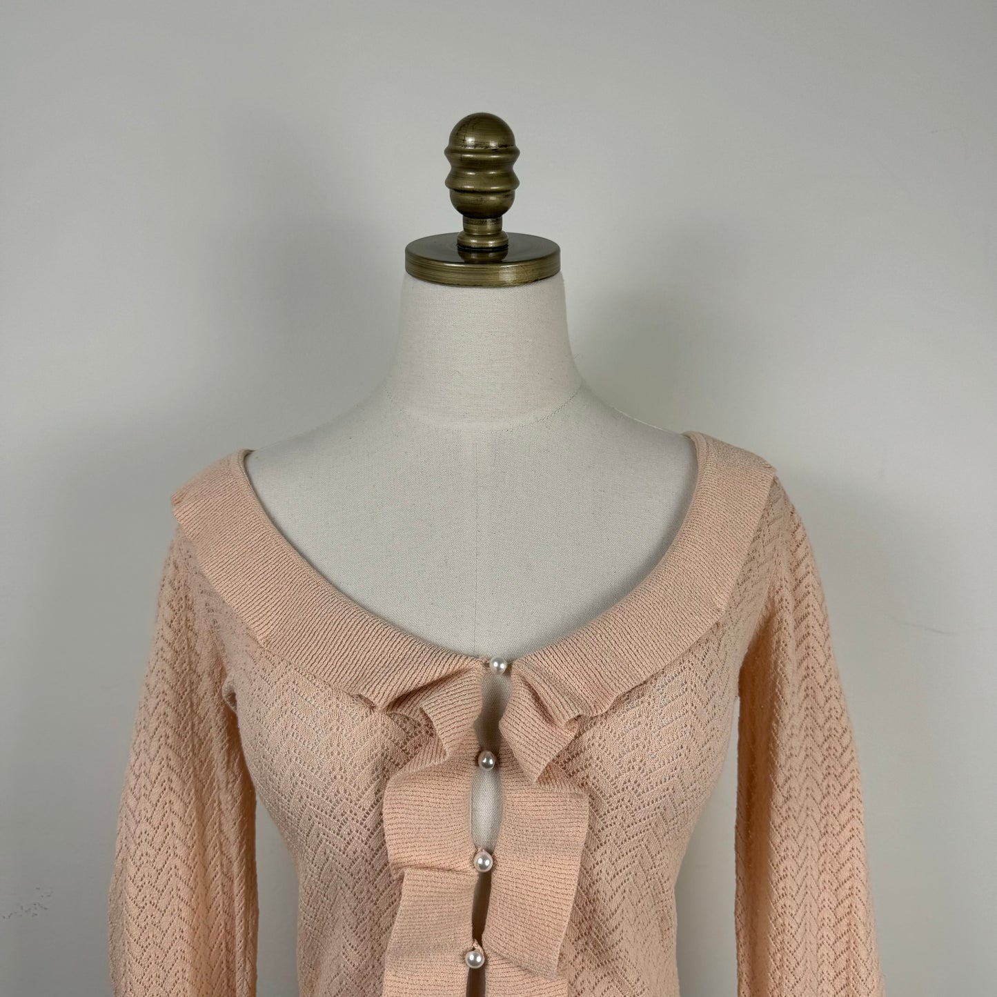 Pink Ruffled Open Knit Long Sleeve Top