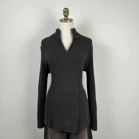 DKNY Brown Quarter Zip Ribbed Knit Sweater