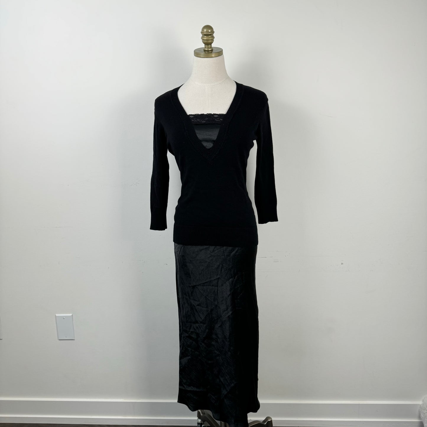 Black Knit Silky Lace Trim Top