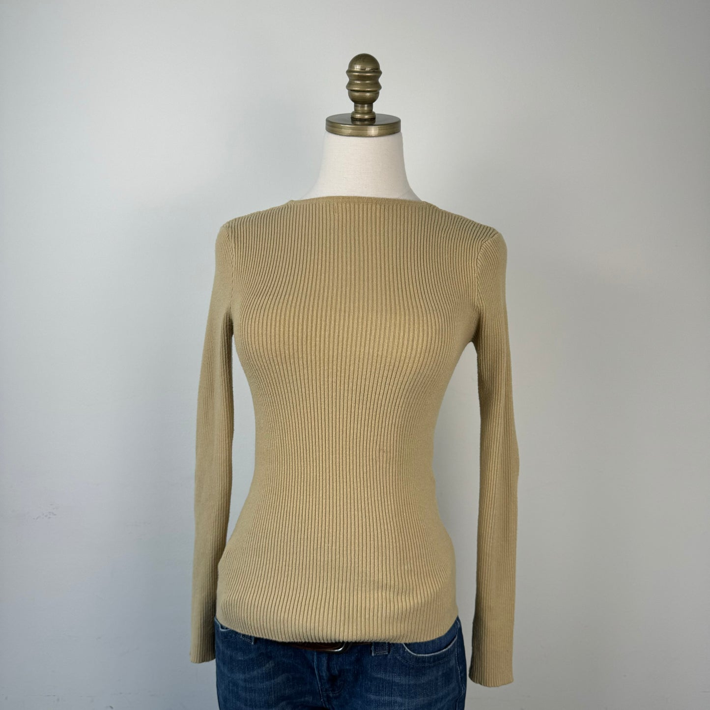 Fitted High Neck Ribbed Knit Long Sleeve Top