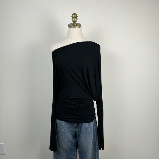 Black Asymmetric Draped Off Shoulder Long Sleeve Top