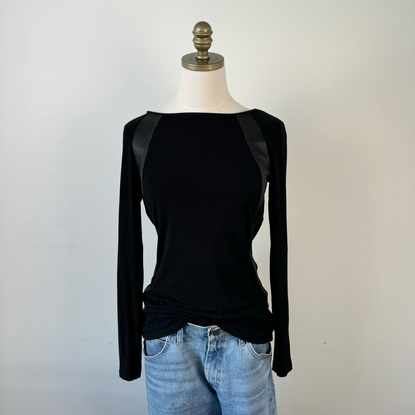 Danier Black Leather Knit Long Sleeve Top
