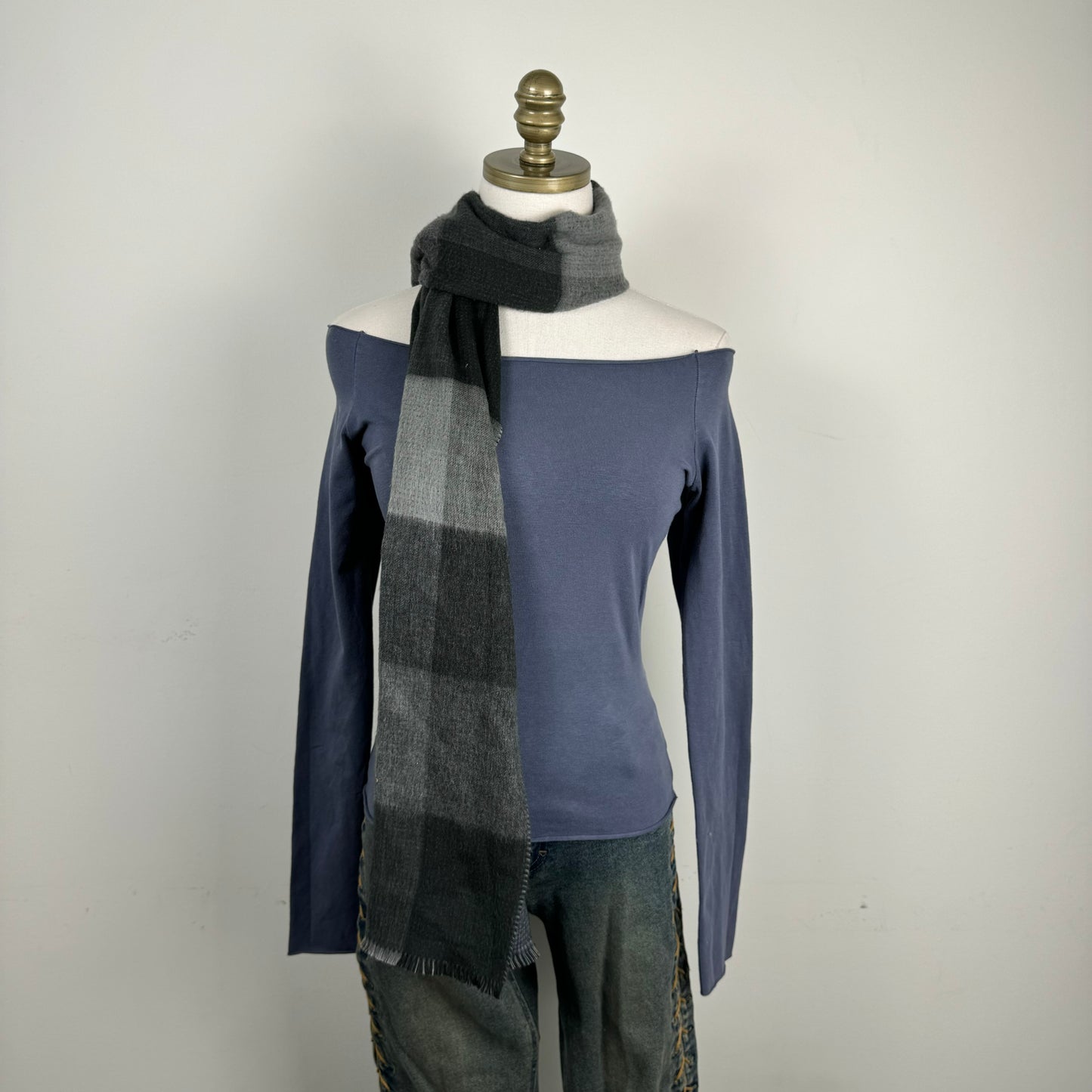 Grey Plaid Soft Knit Scarf