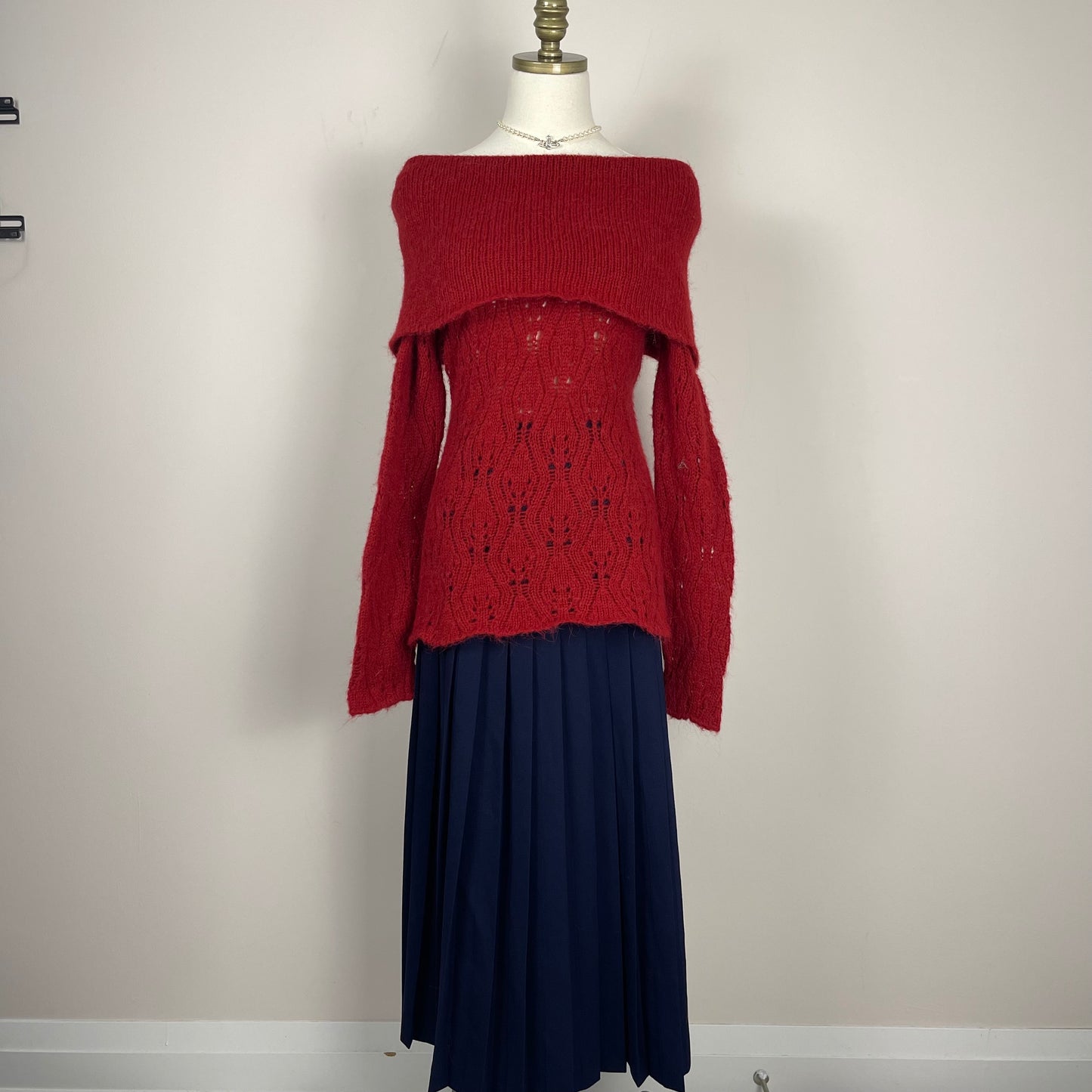 Vintage Navy Wool Pleated Maxi Skirt