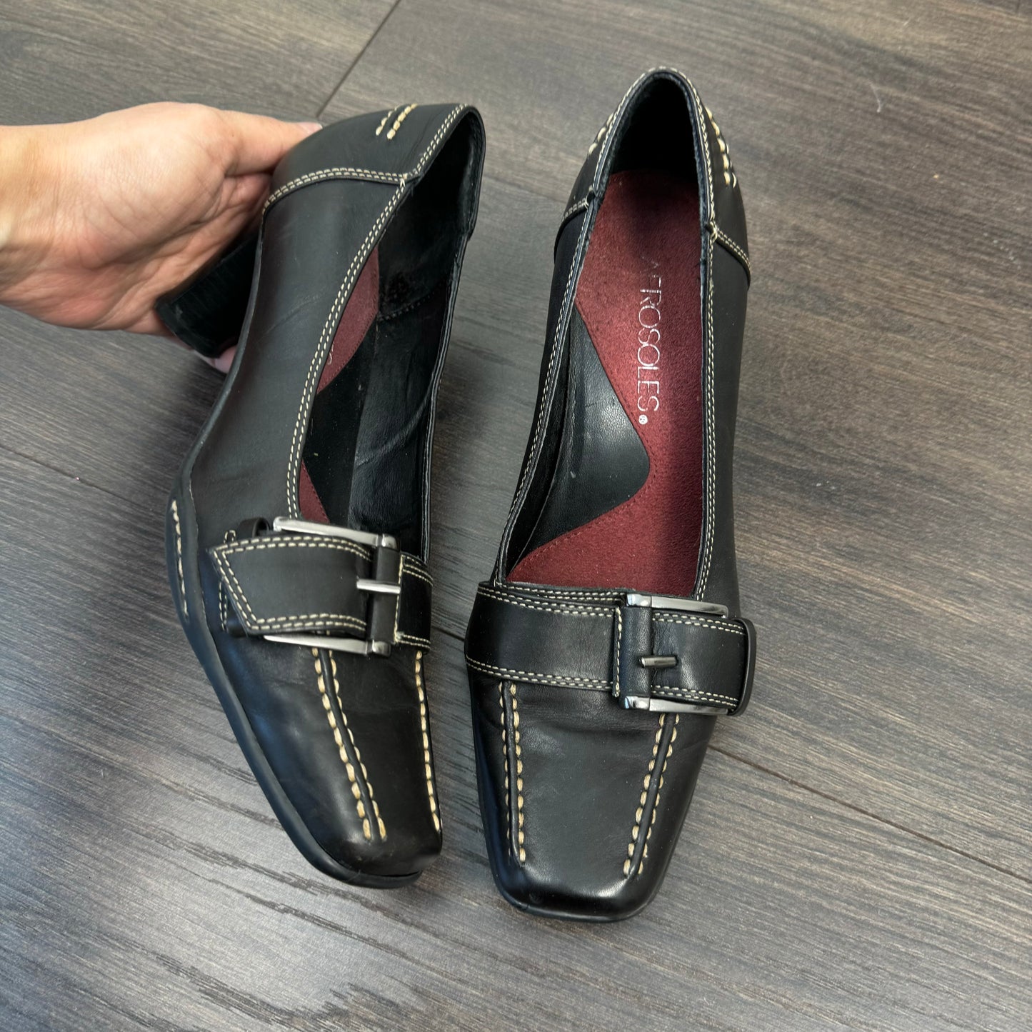 Dark Brown Leather Buckle Kitten Heels