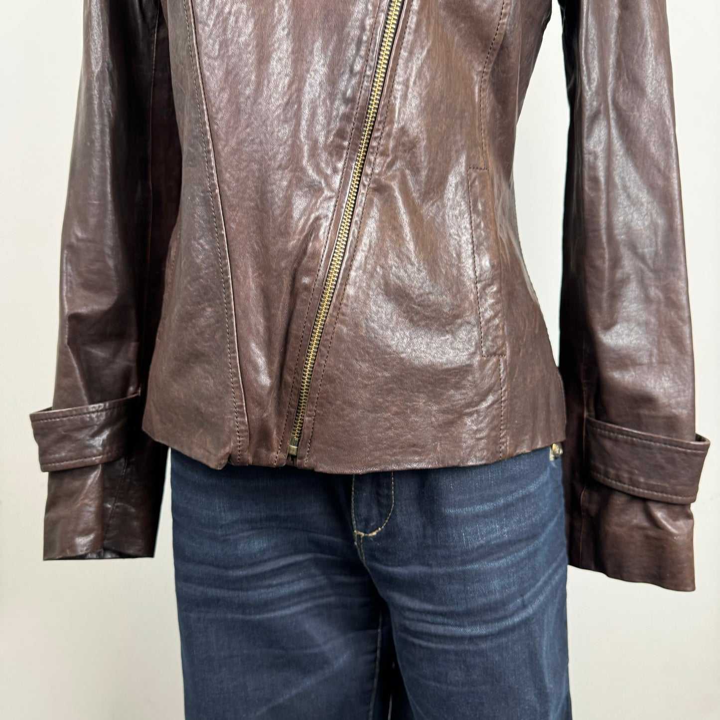 Brown Asymmetric Fitted Moto Genuine Leather Jacket