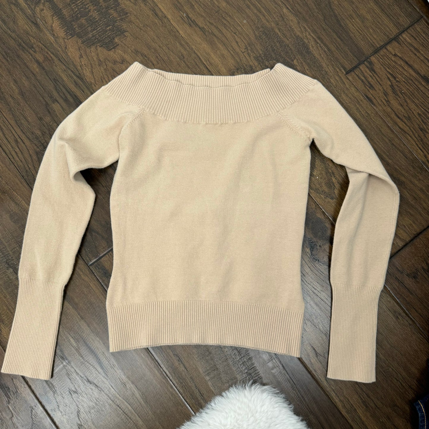 Beige Off Shoulder / Boat Neck Knit Sweater