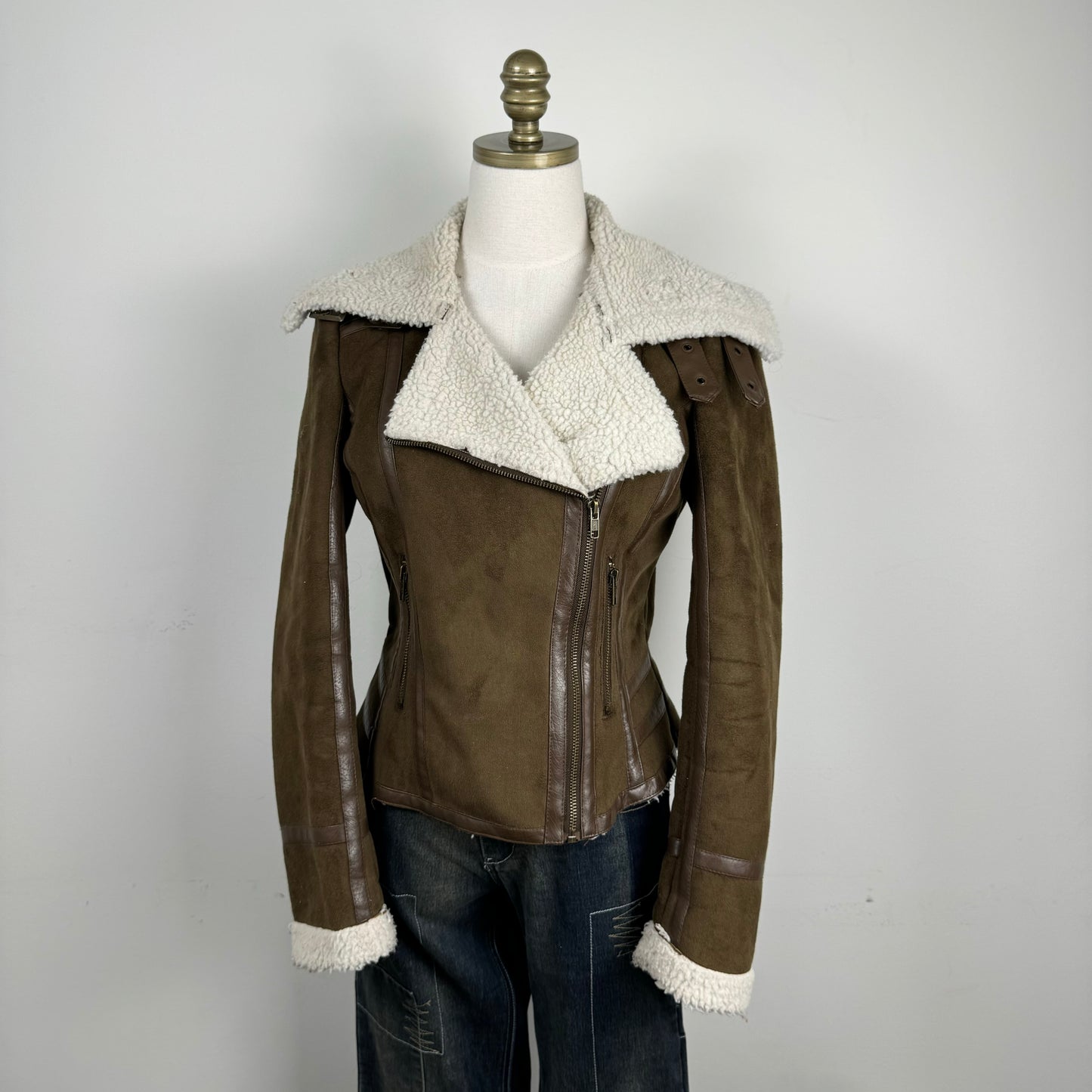 Brown Shearling Suede Moto Jacket