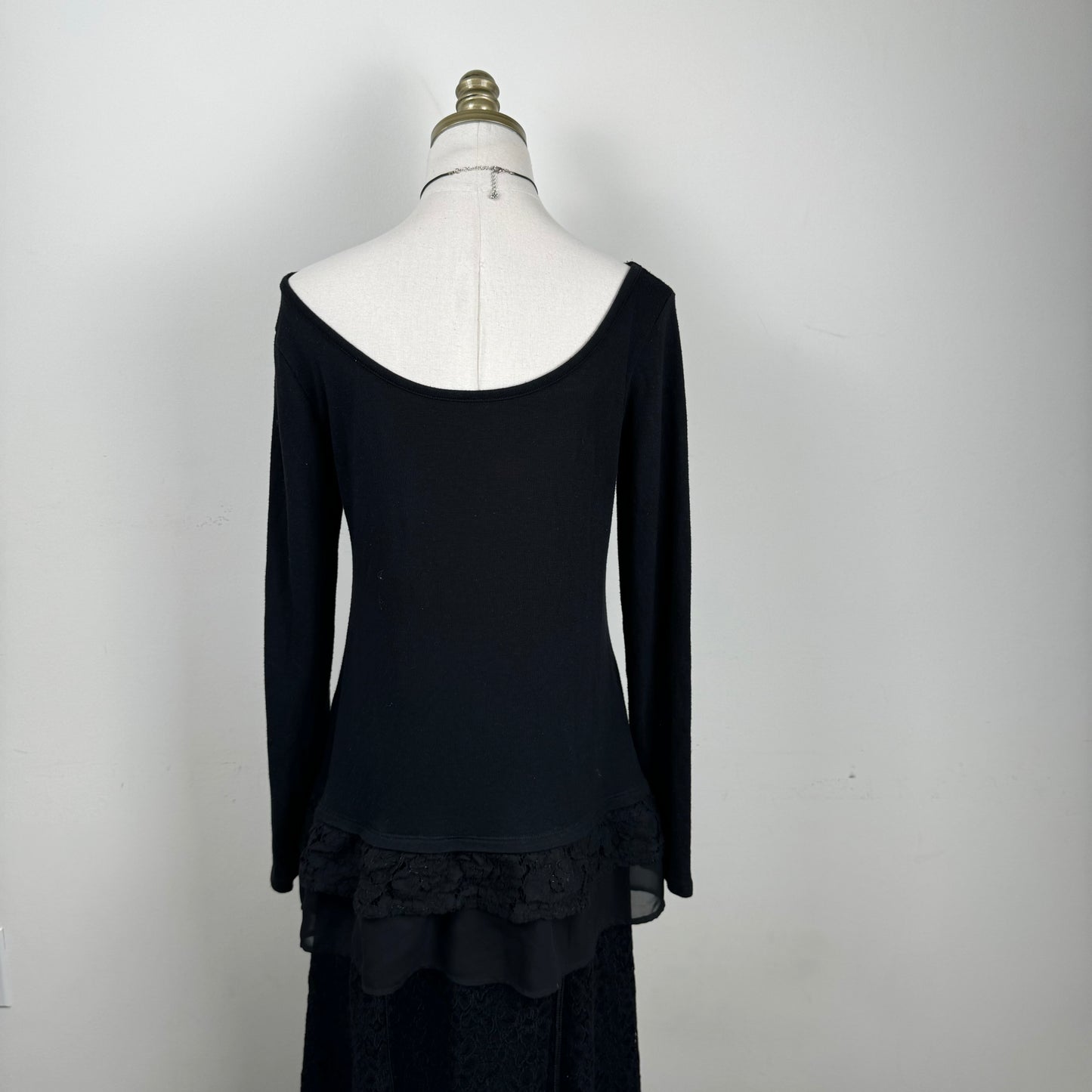 Black Ruffle Lace Hem Long Sleeve Top
