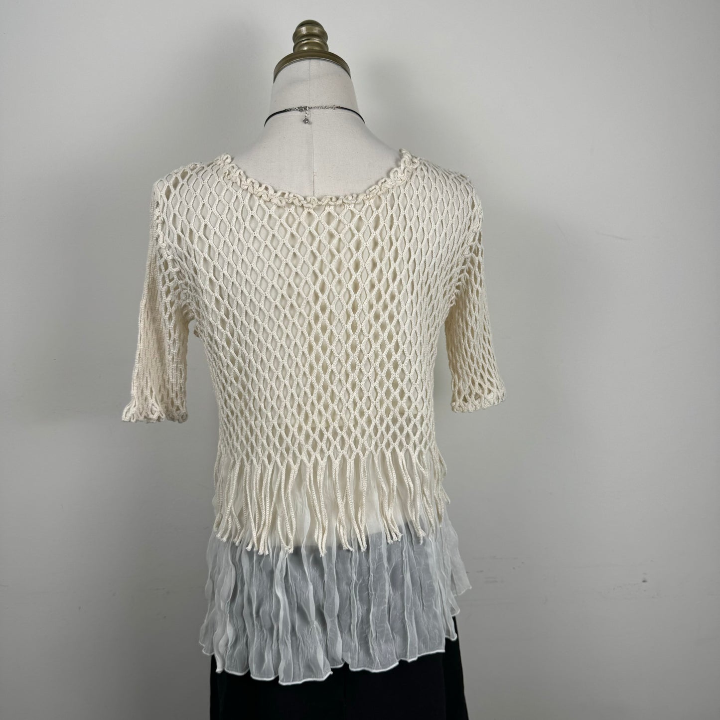 Cream Crochet Chiffon Fringe Short Sleeve Top