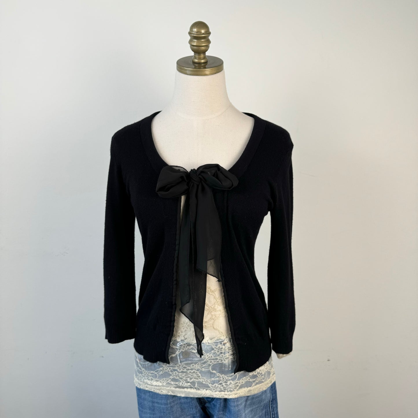 Black Open Front Chiffon Tie Up Sweater