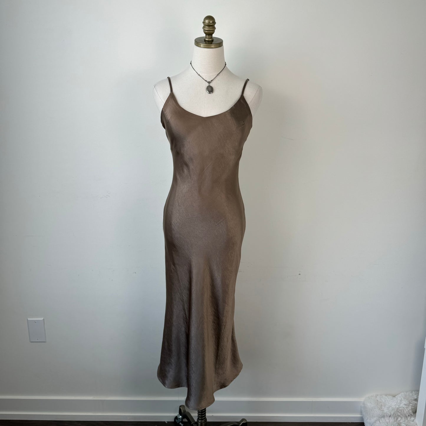 Brown Satin Midi Dress