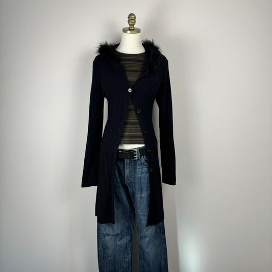 Black Knit Fur Trim Long Cardigan