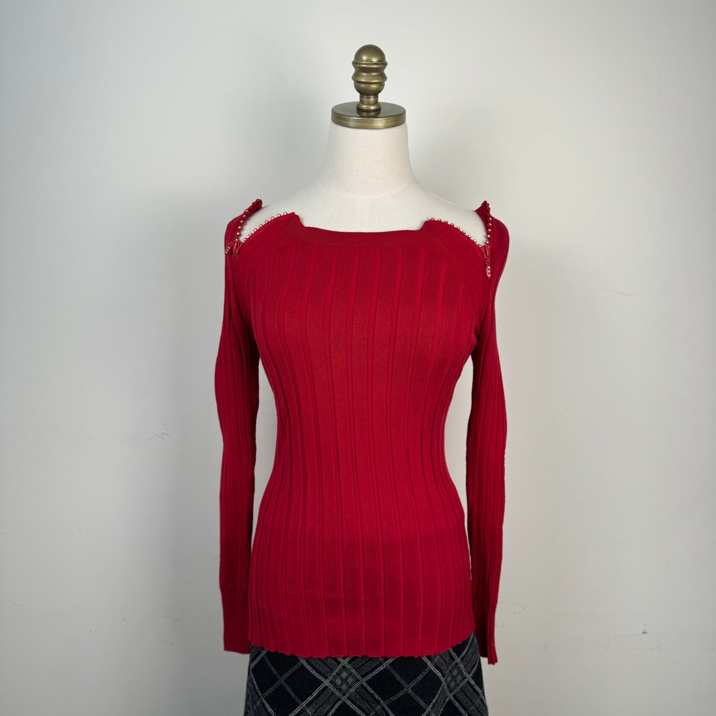 Red Boat Neck Ribbed Fitted Sweater