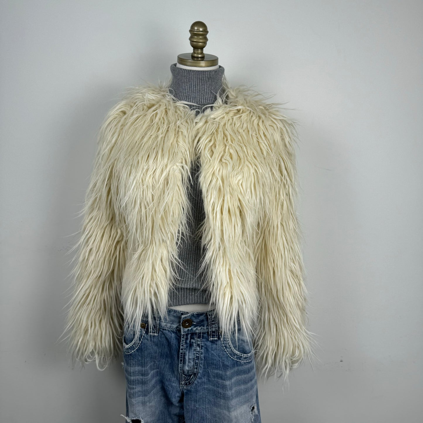 Cream Fuzzy Ostrich Faux Fur Jacket