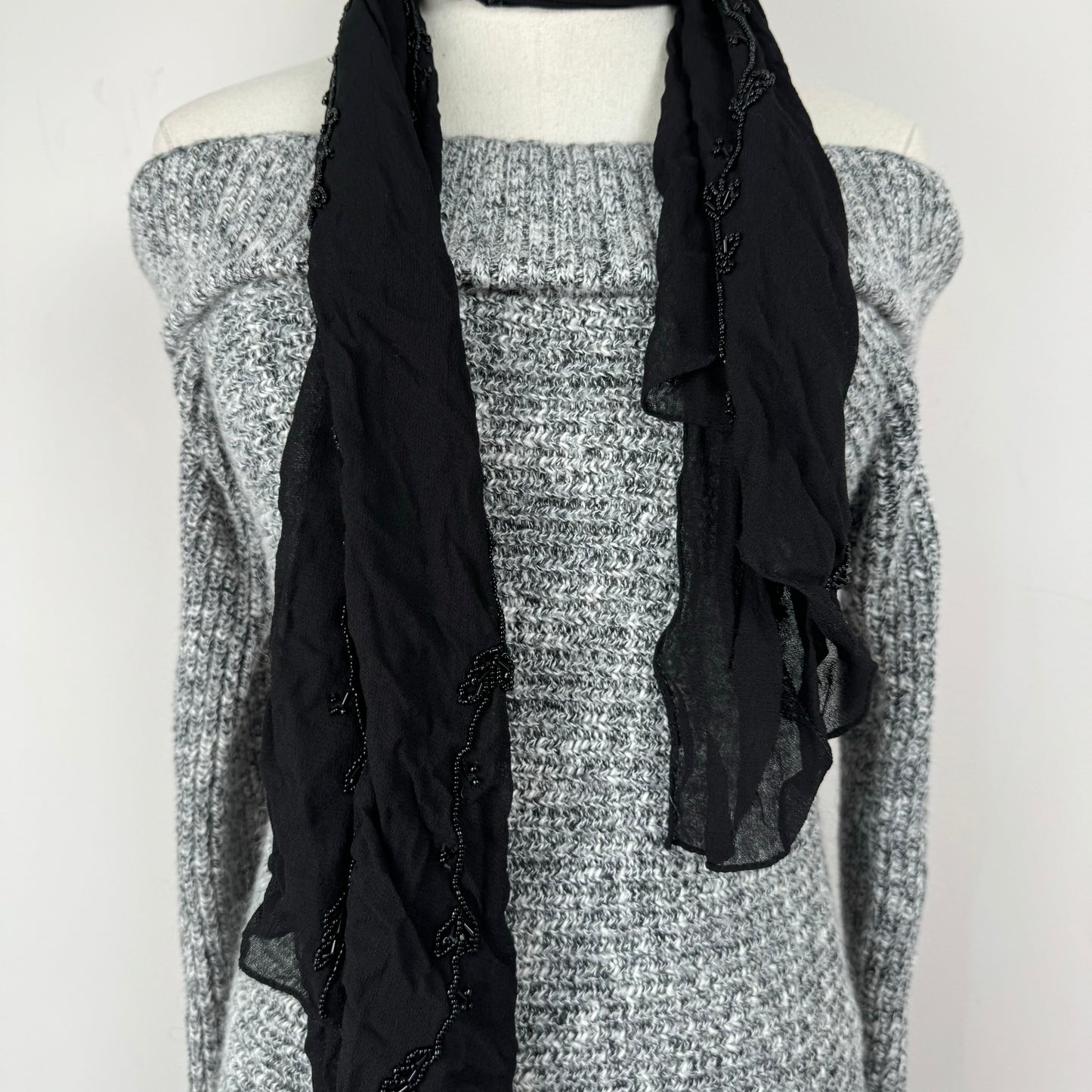 Black Chiffon Beaded Skinny Scarf