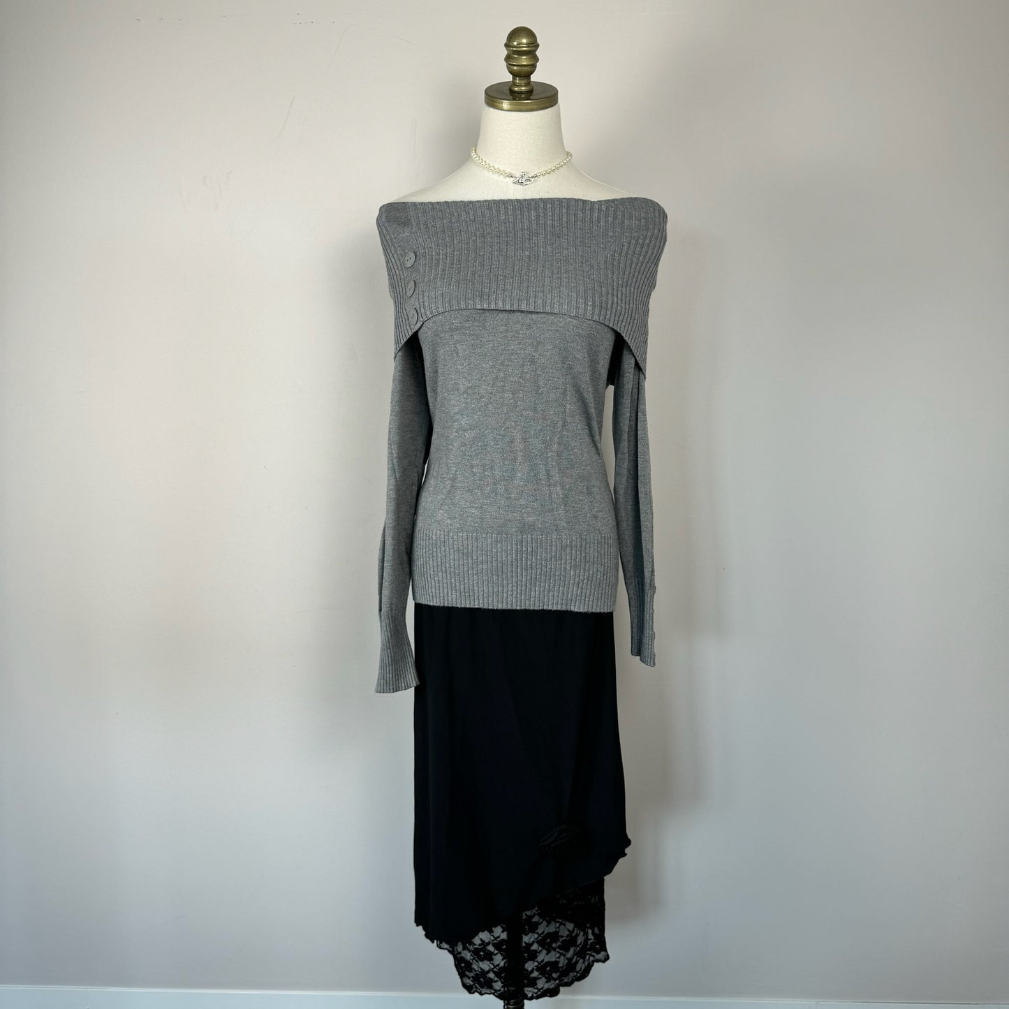 Grey Off Shoulder/Boatneck Knit Sweater