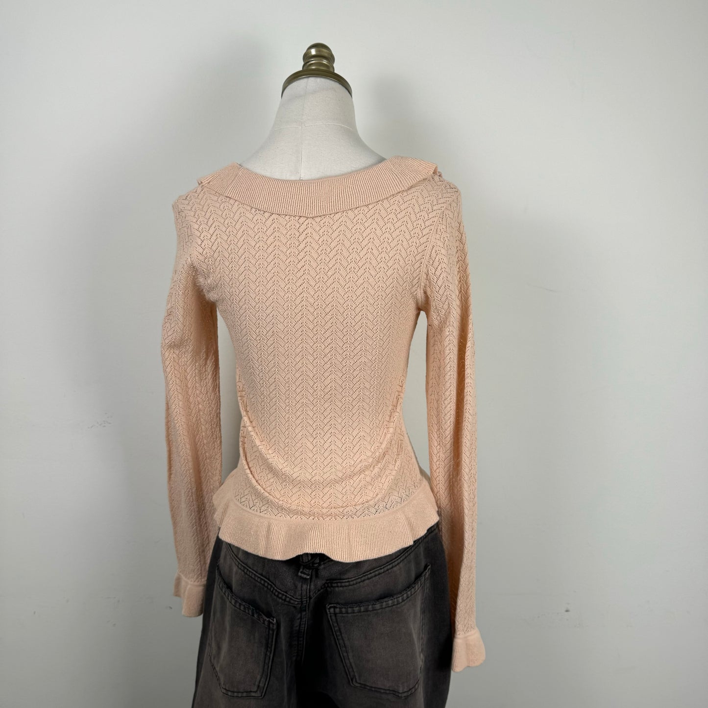 Pink Ruffled Open Knit Long Sleeve Top