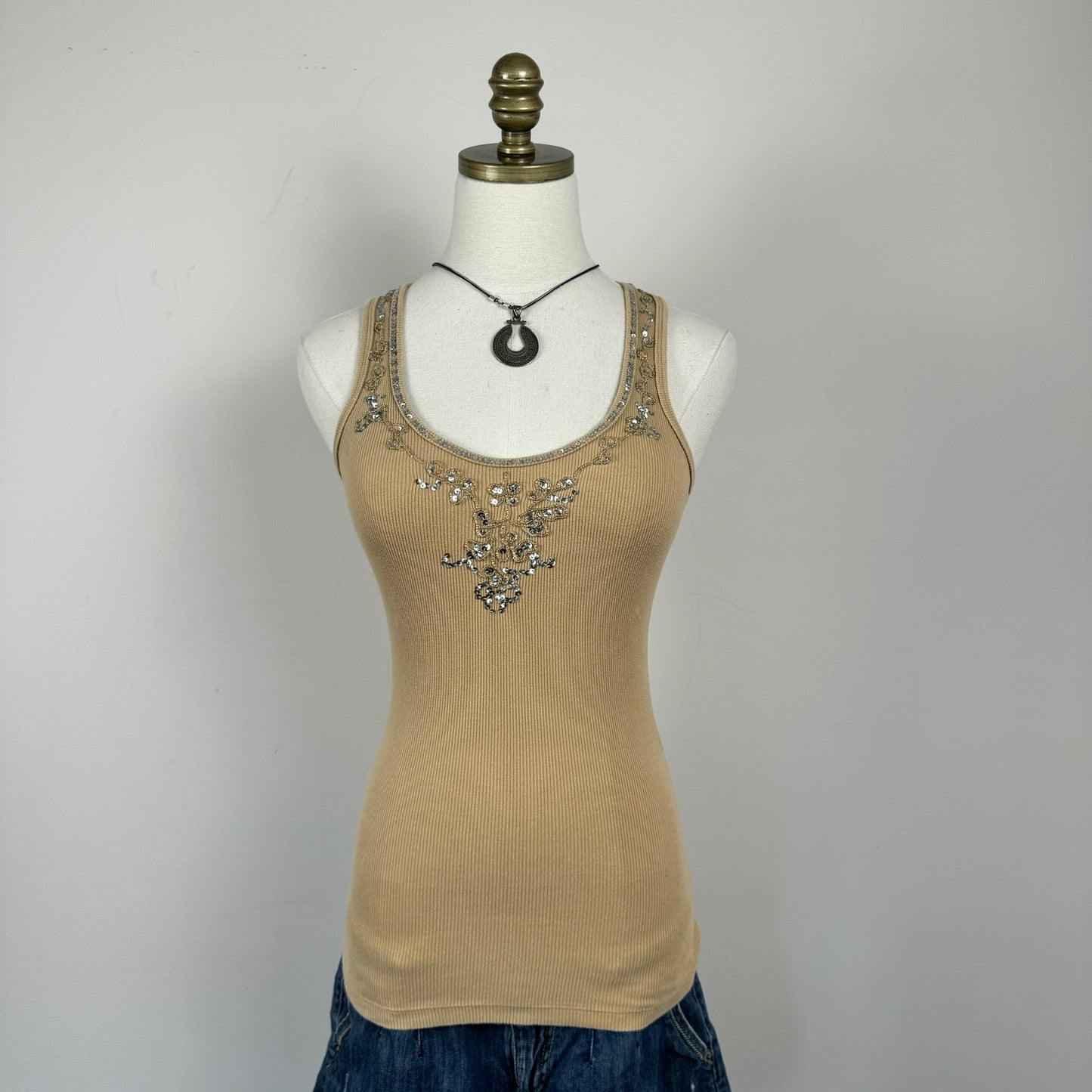 Fitted Beaded Beige Ribbed Knit Tank Top