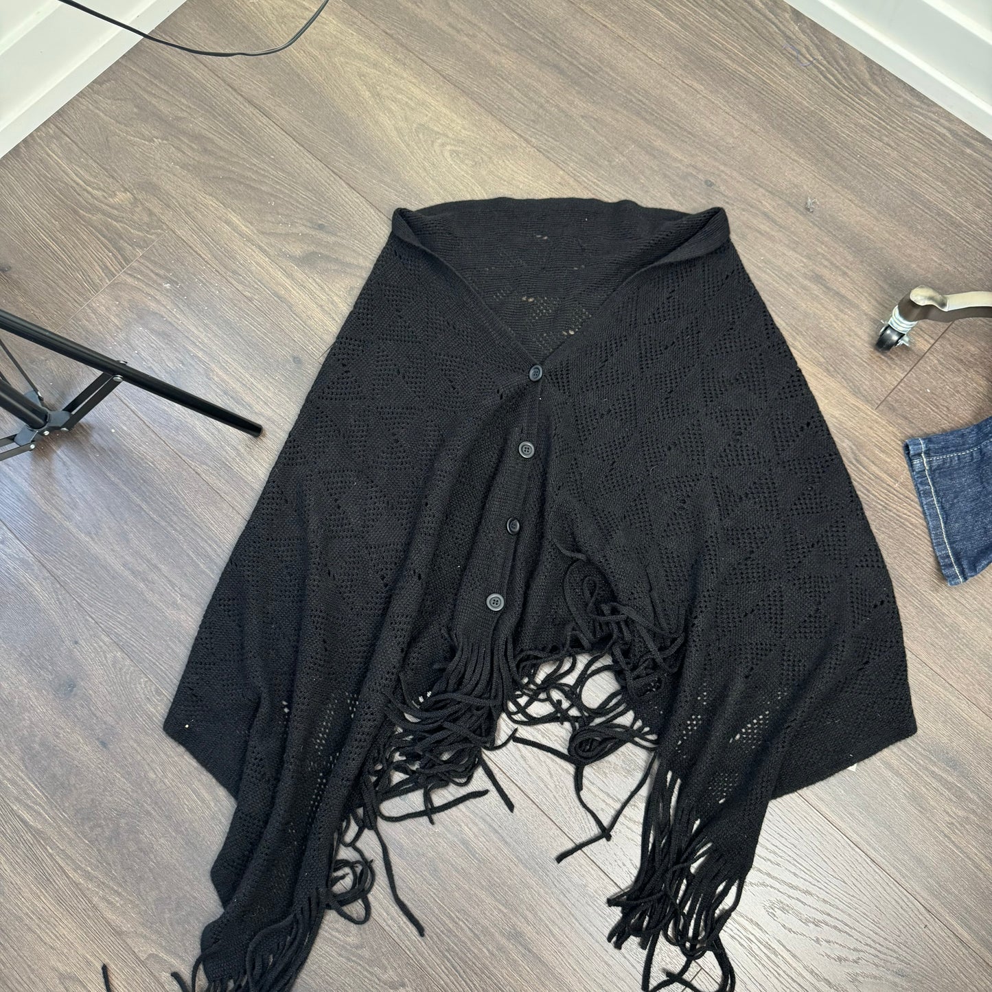 Black Knit Poncho with Fringe