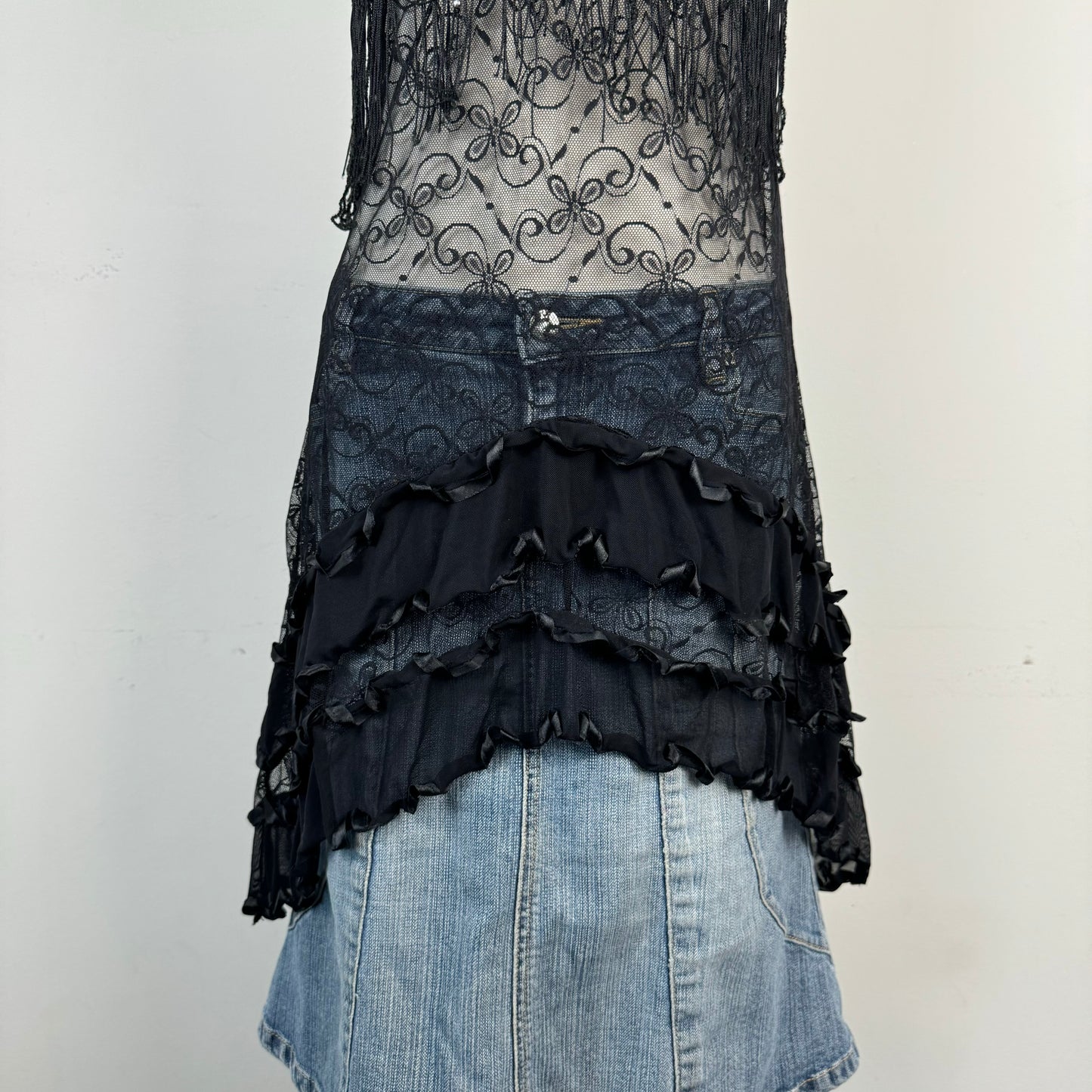 Black Lace Mesh Babydoll Slip Dress