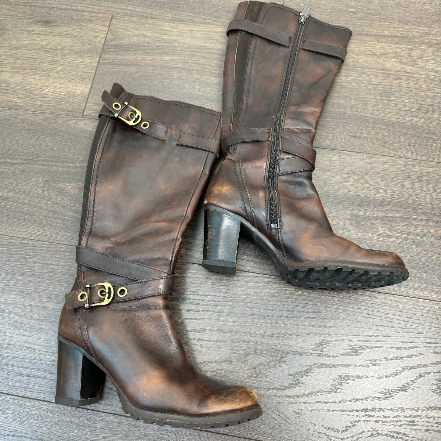Spring Brown Knee High Buckled Boot Heels (US 6.5-7)