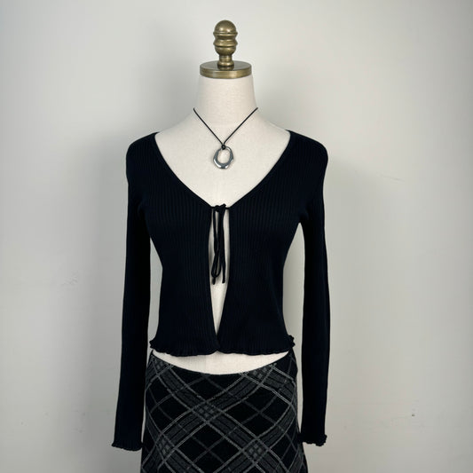 Black Open Front Tie Up Fitted Cardigan
