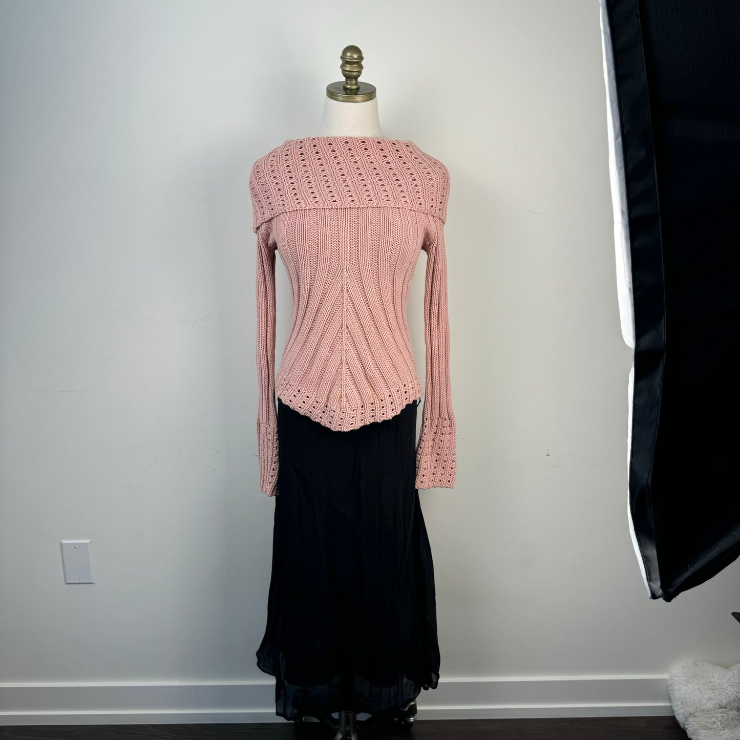 Powder Pink Fold Over Bell Sleeve Knit Sweater