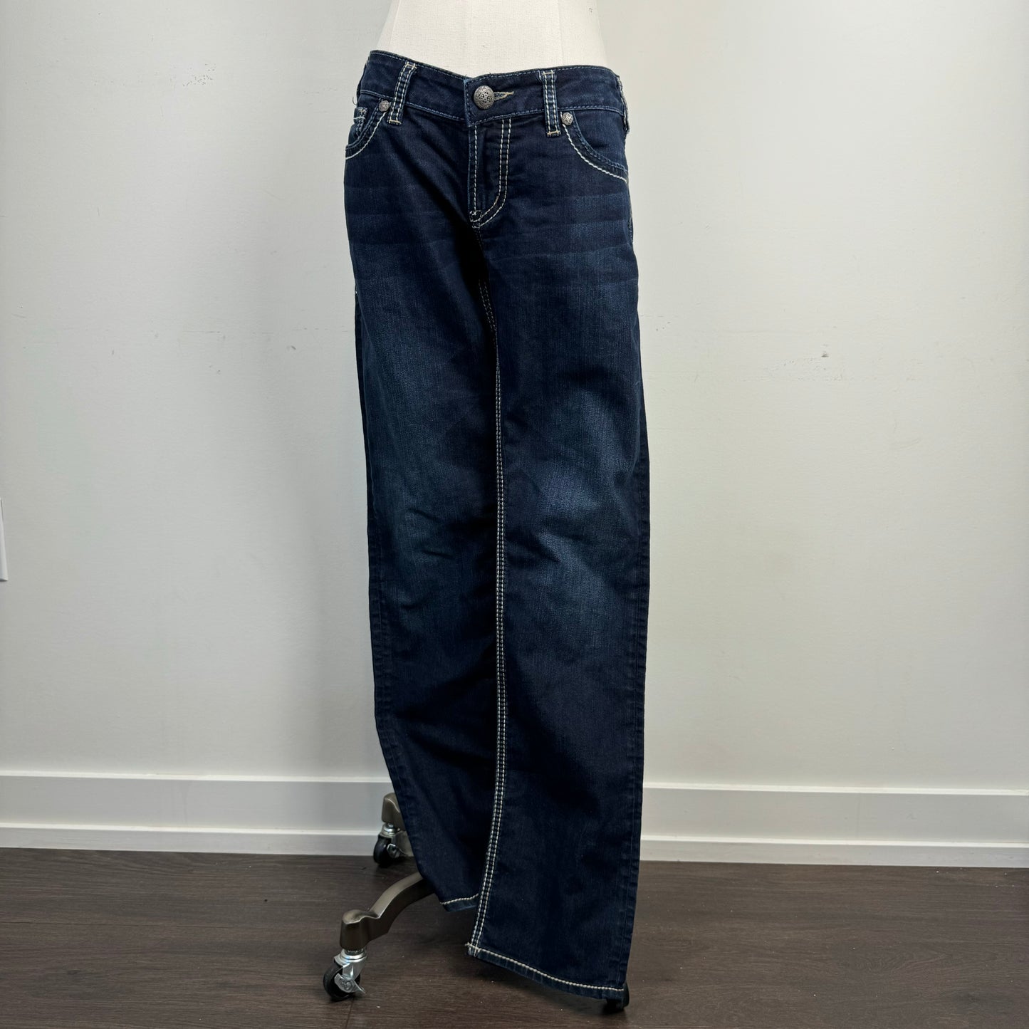 Silver Low Rise Dark Wash Straight Cut Jeans