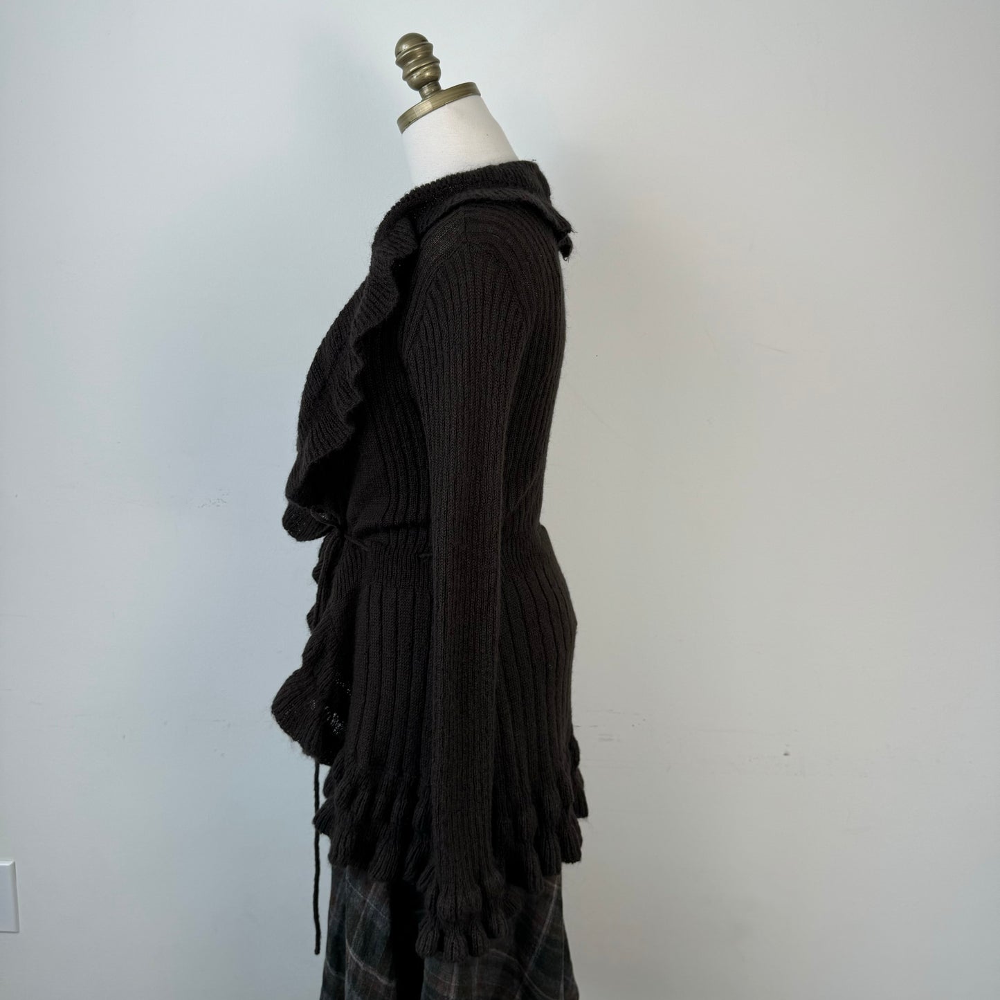 Brown Ruffled Open Front Tie Up Cardigan