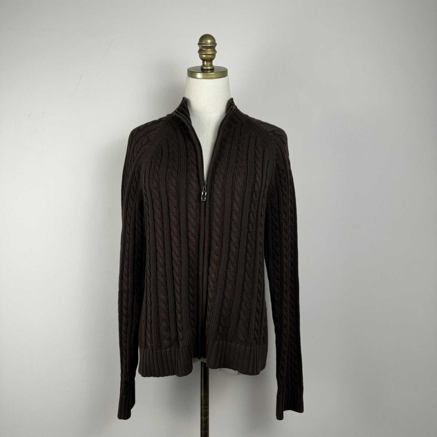 Vintage Brown Cable Knit Zip Up Sweater