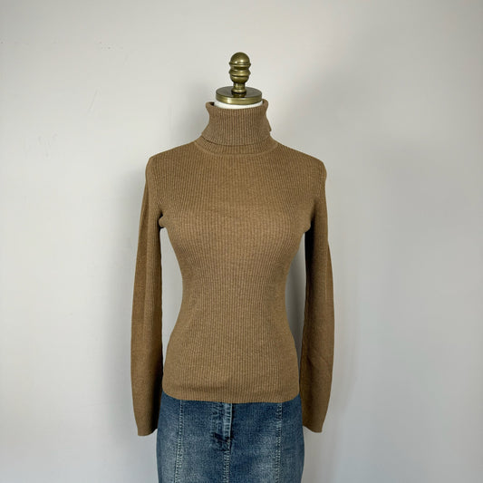 Sand Brown Ribbed Knit Turtleneck Sweater