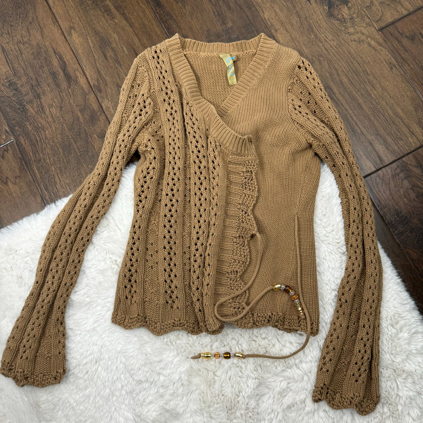 Cable Knit Tie Up Bell Sleeve Cardigan