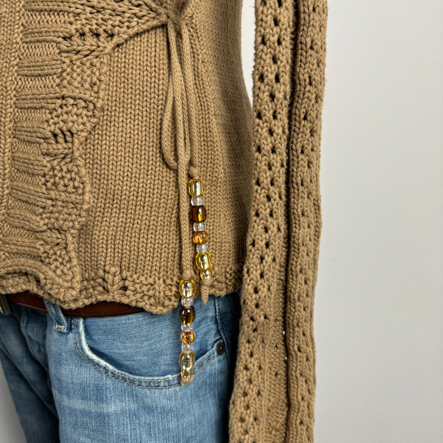 Cable Knit Tie Up Bell Sleeve Cardigan