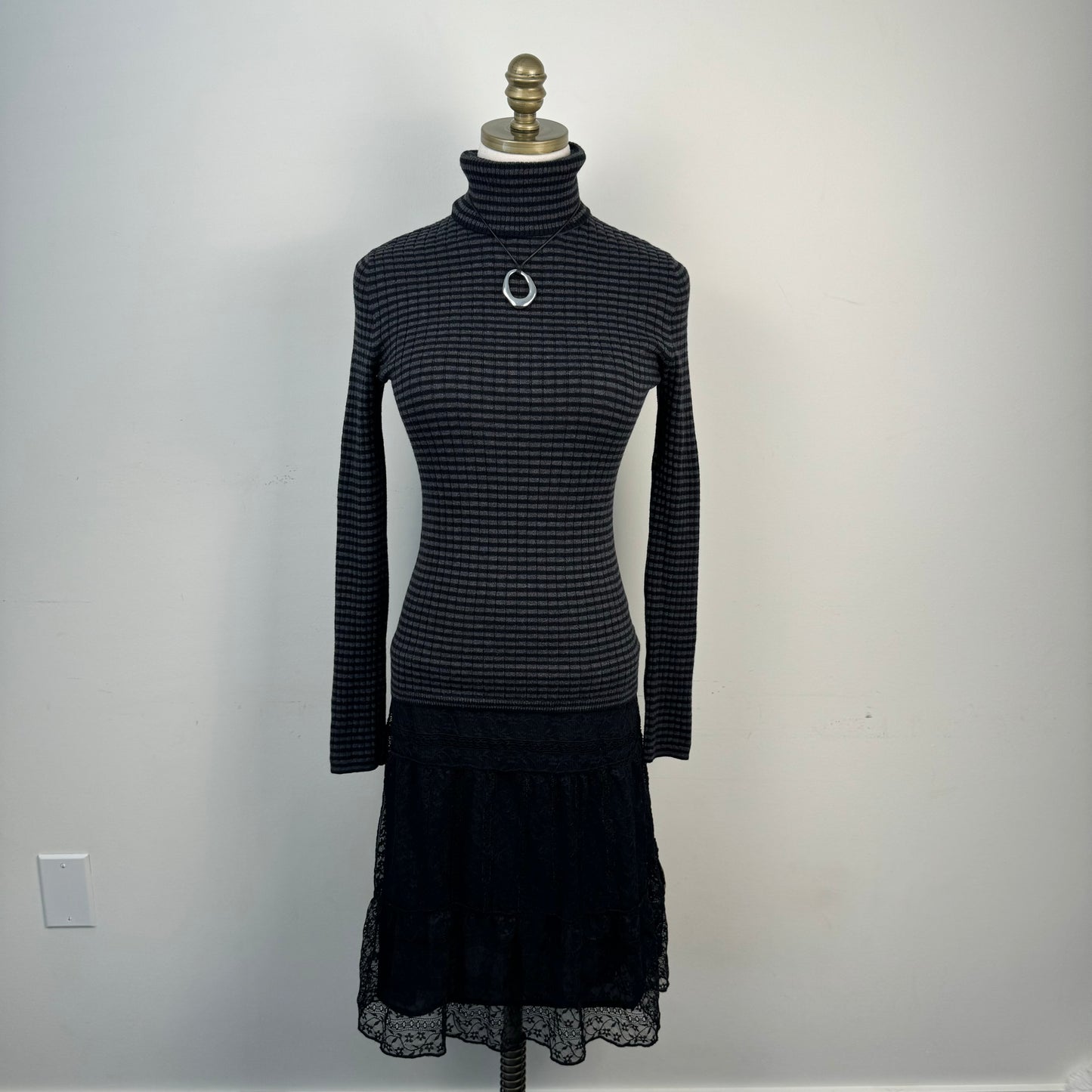 Black and Grey Striped Fitted Turtleneck Sweater