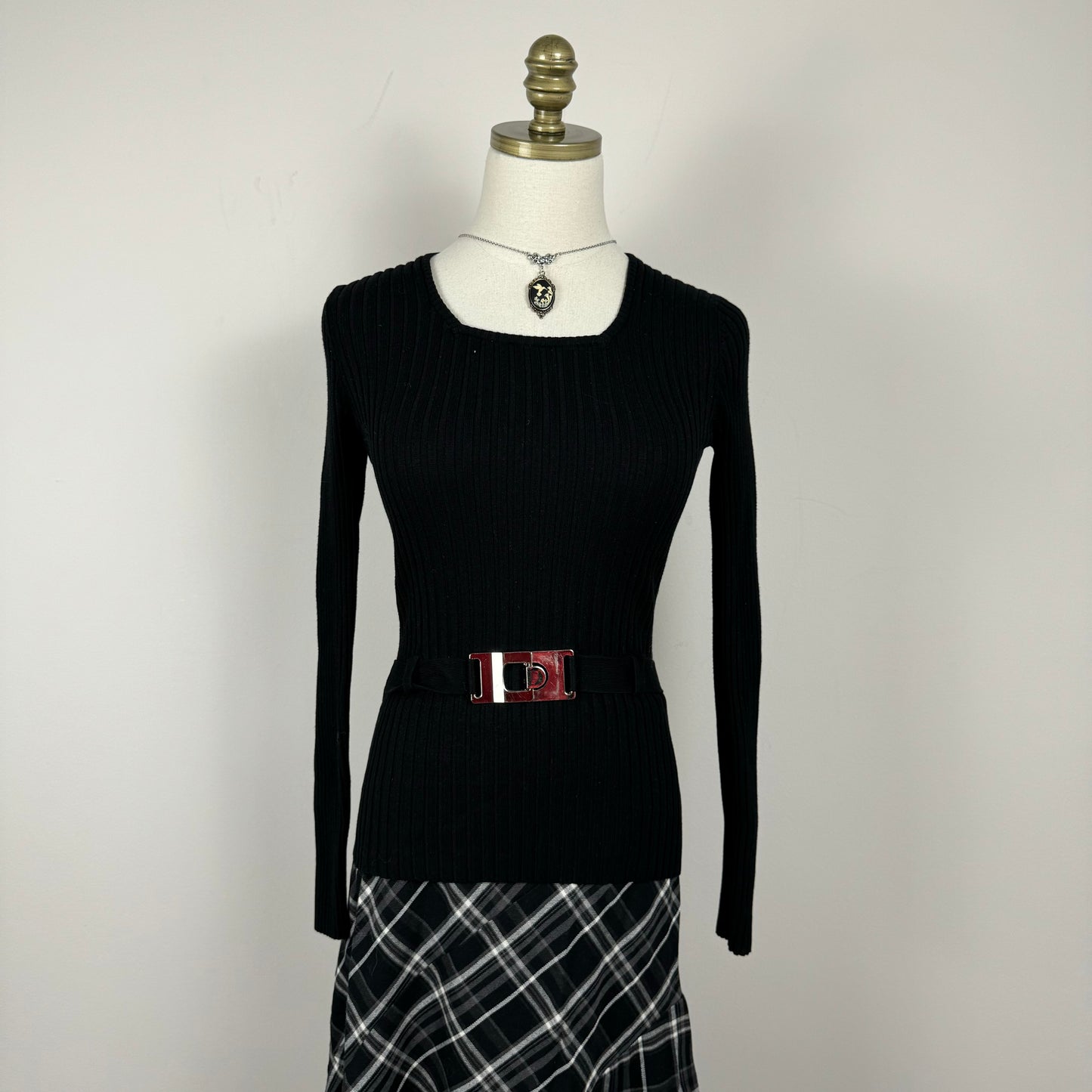 Black Fitted Belted Sweater