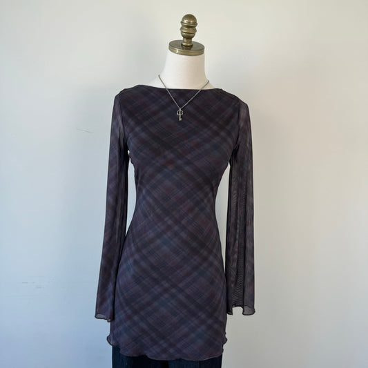 Plaid Mesh Overlay Mini Dress
