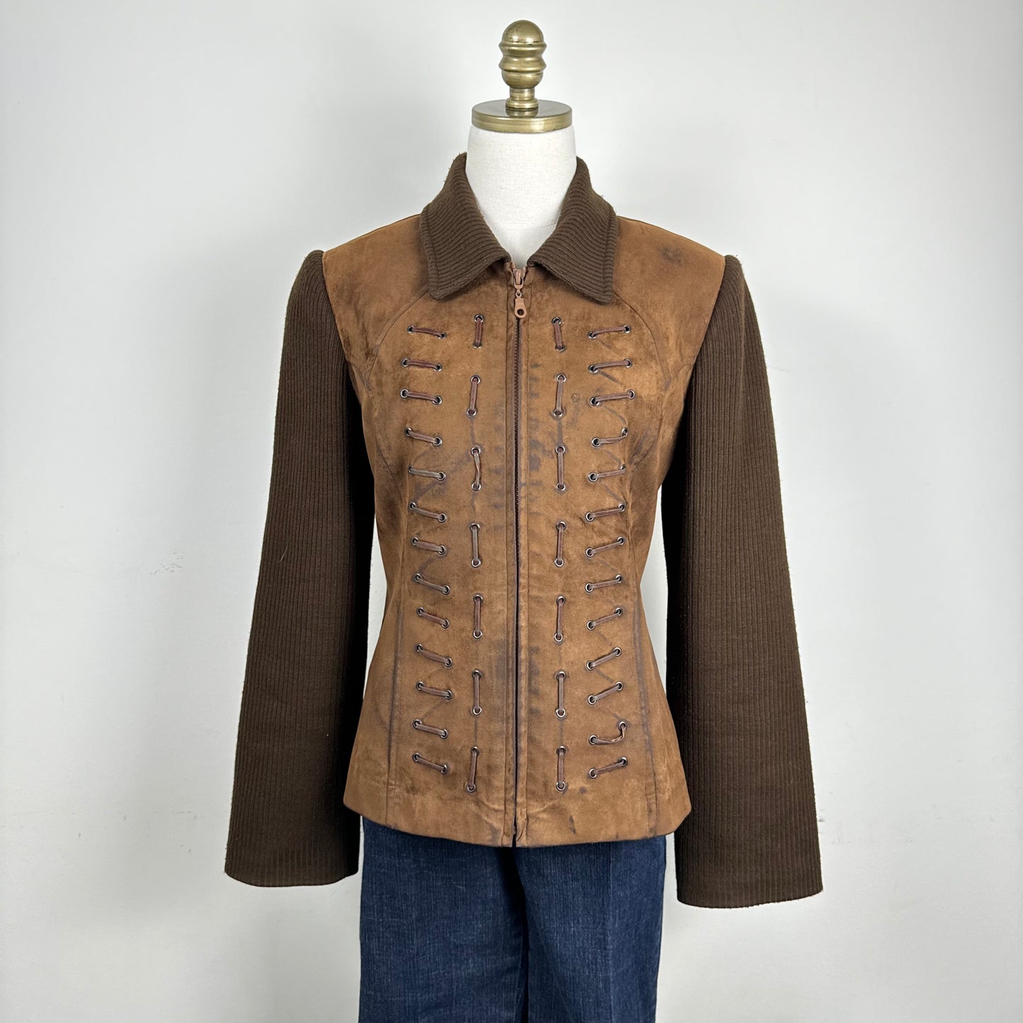 Brown Faux Suede Jacket with Lace Up Details