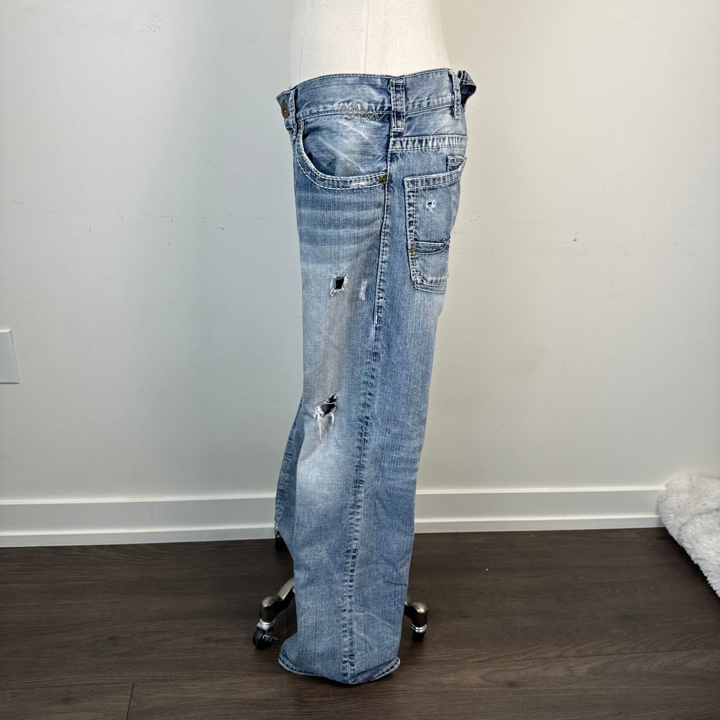 Silver Faded Low Rise Straight Cut Distressed Jeans