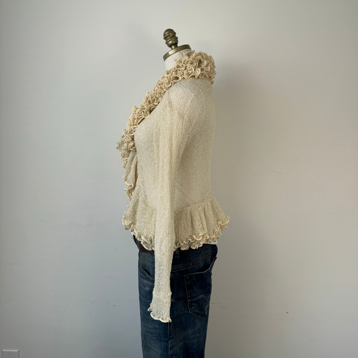 Cream Open Front Tie Up Ruffled Cardigan