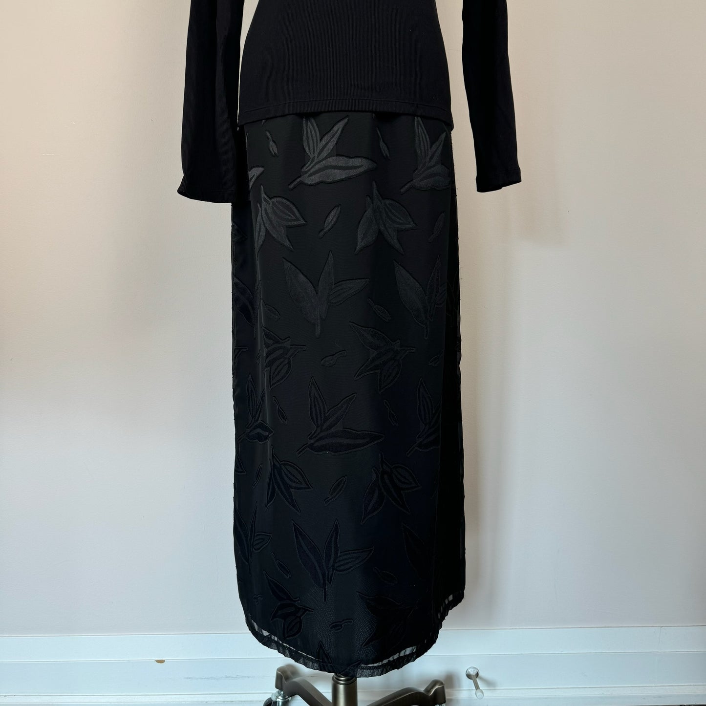 Vintage Leaf Print Mesh Overlay Maxi Skirt