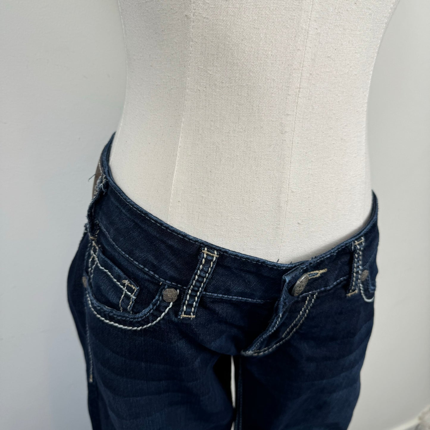 Silver Low Rise Dark Wash Straight Cut Jeans