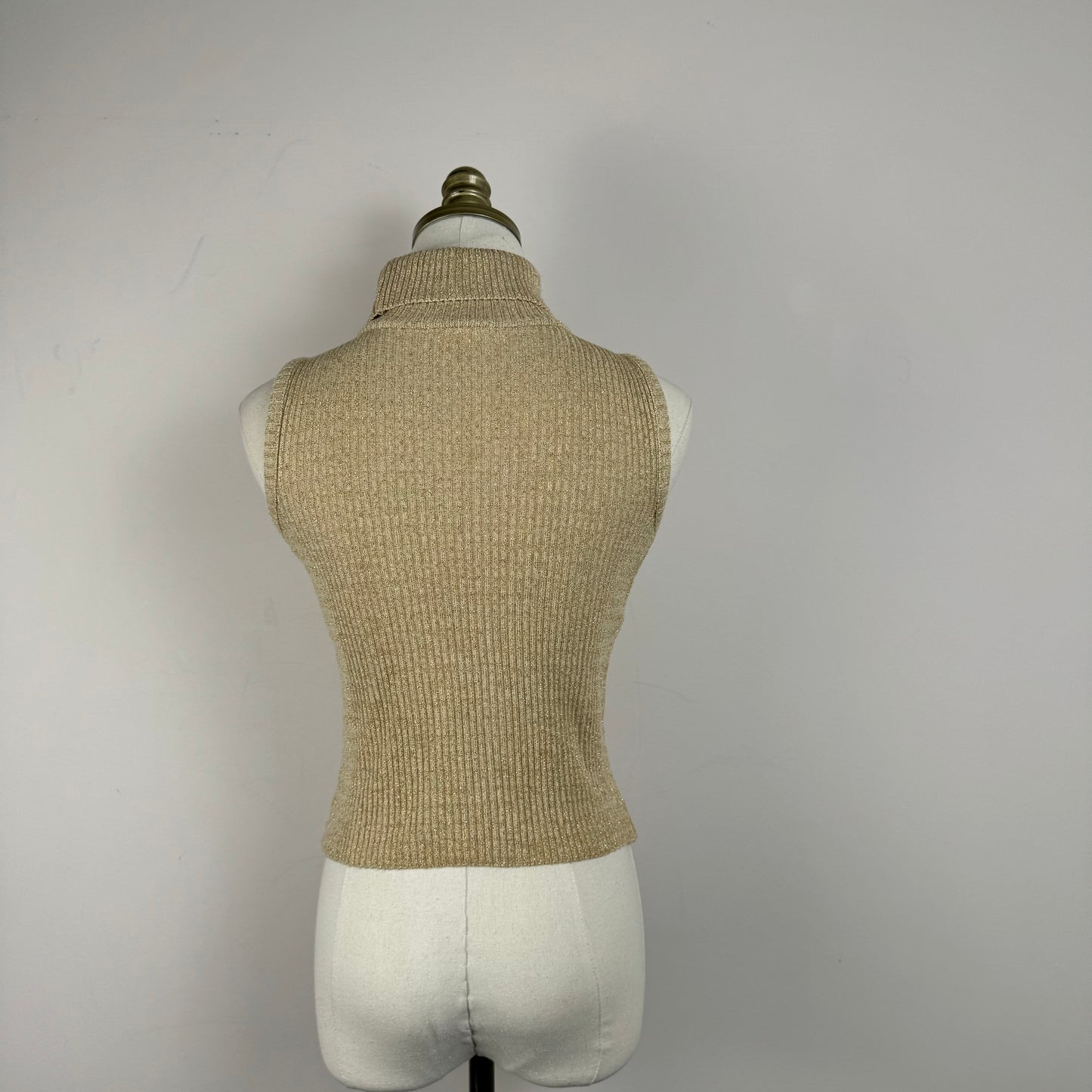 Vintage Beige Ribbed Knit Sleeveless Turtleneck Top