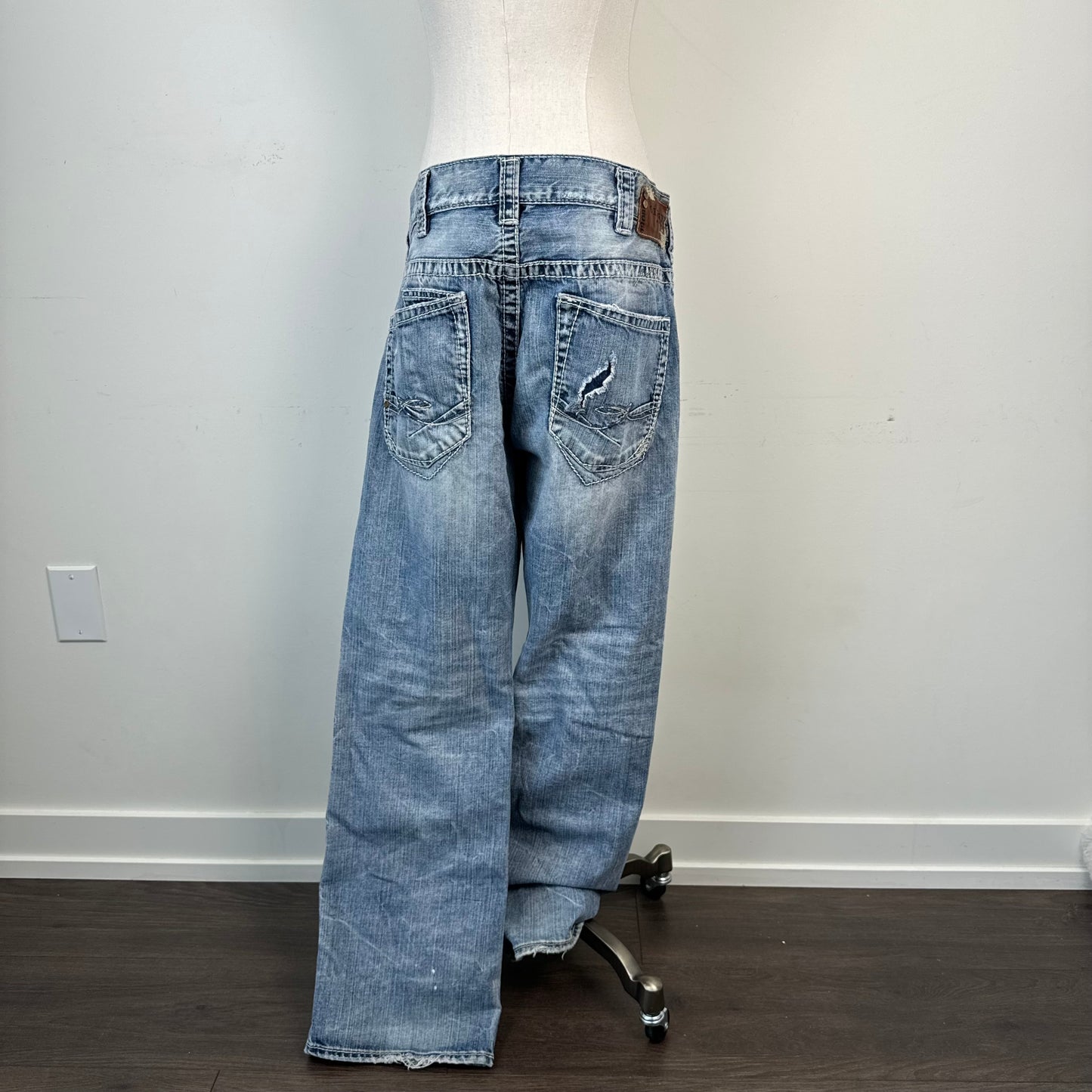 Silver Faded Low Rise Straight Cut Distressed Jeans