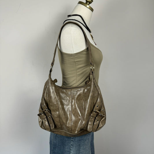 Mocha Brown Leather Buckled Shoulder Bag
