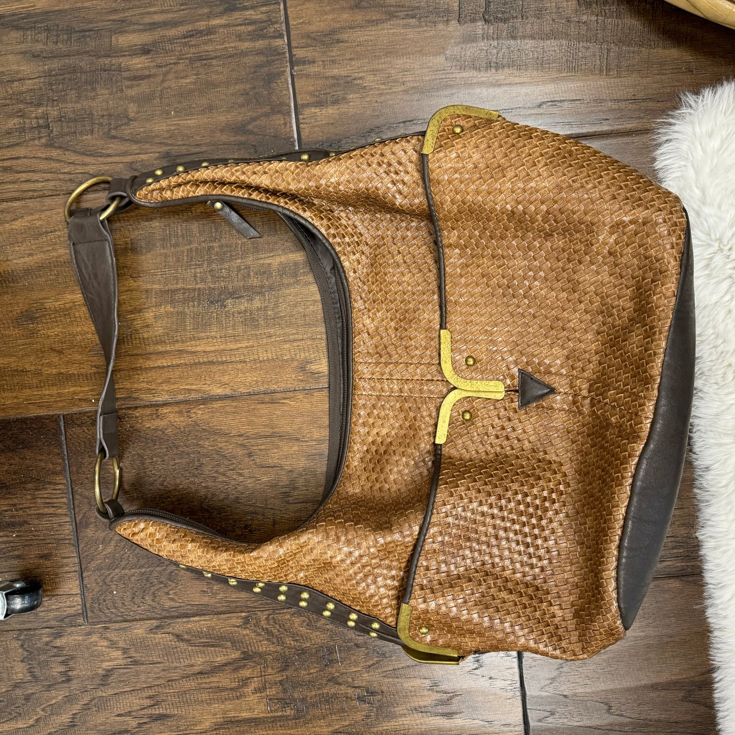 Tan Woven Leather Hobo Shoulder Bag