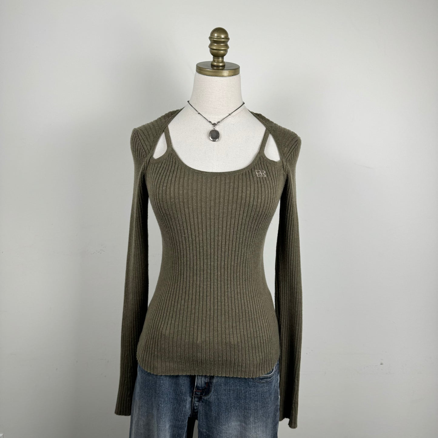 Khaki Cutout/Bolero Fitted Sweater