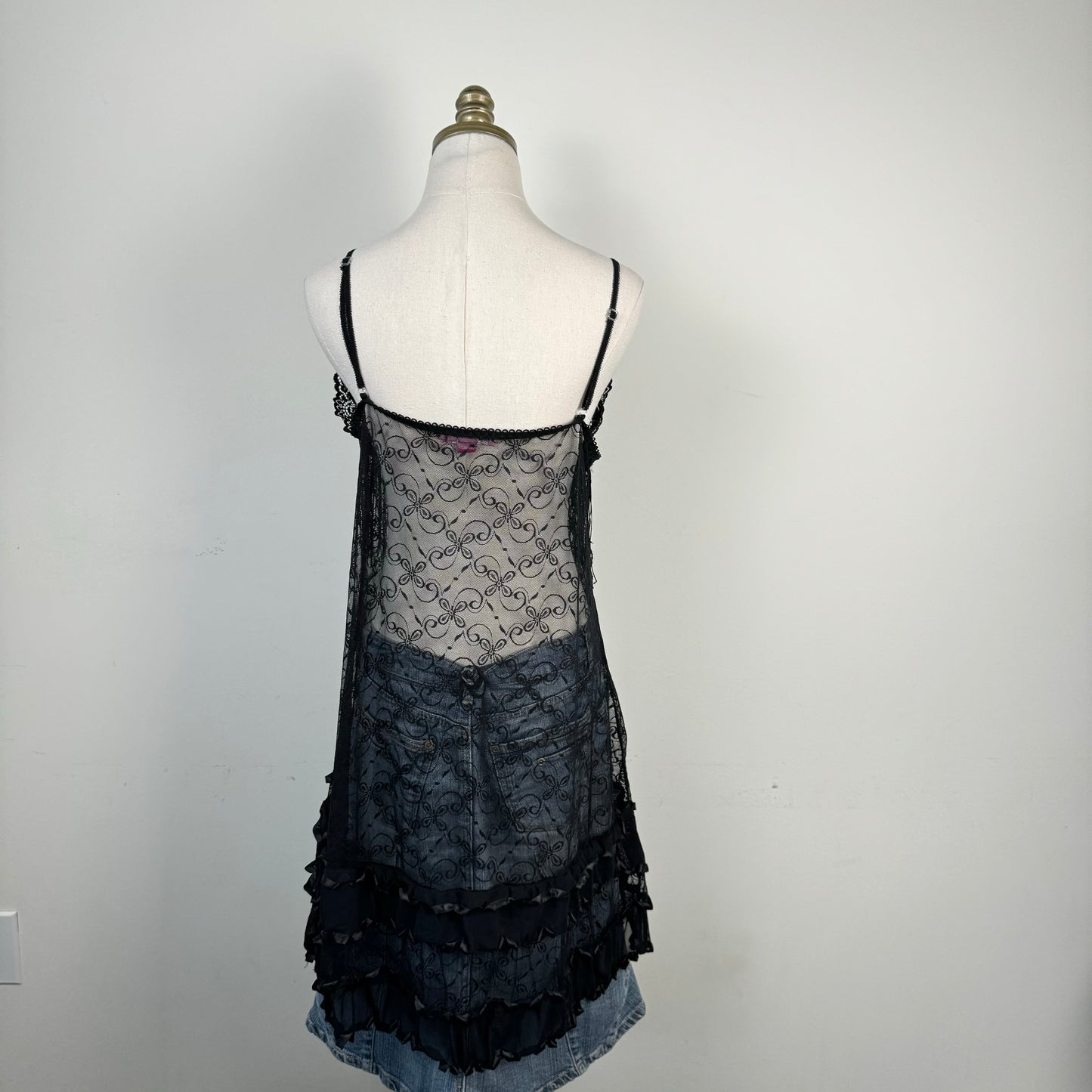 Black Lace Mesh Babydoll Slip Dress