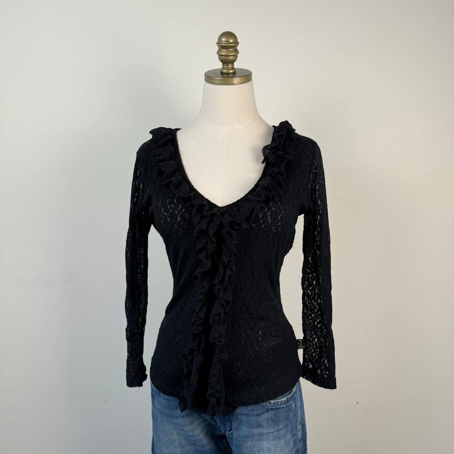 Black Lace Ruffled Fitted Top